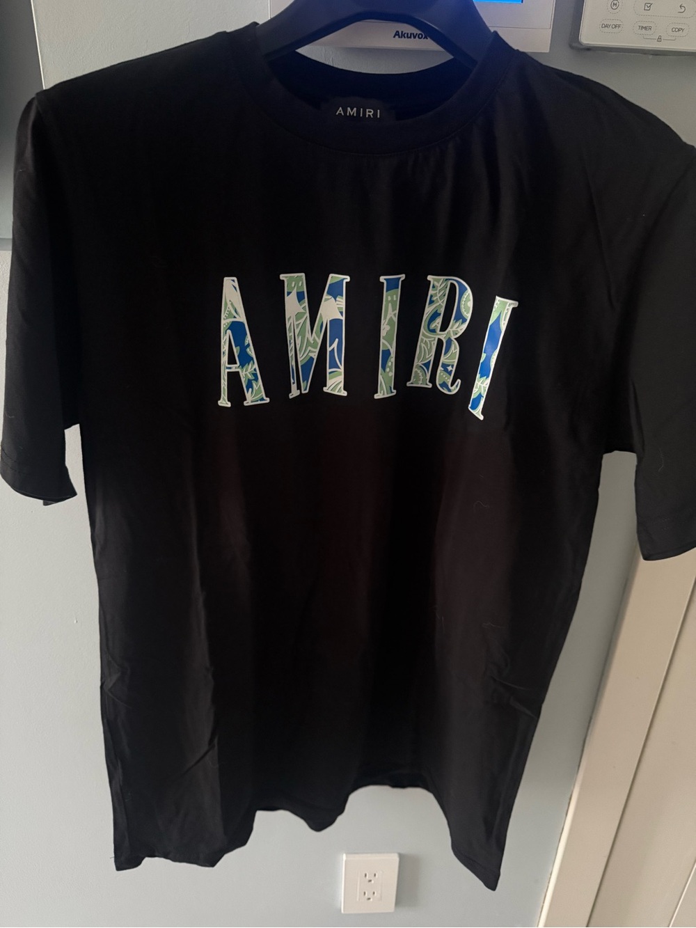 AMIRI Black Short-Sleeve Tee with Blue & Green Patterned Logo